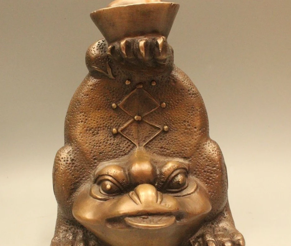 

8" Chinese Fengshui Bronze Golden Toad Spittor Coin Money Wealth Cai Rich Statue