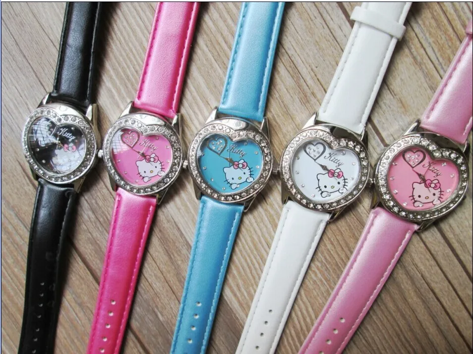 

2015 new 15pcs/lot fashion Hello Kitty Quartz Watch Children Girl Women Leather Crystal Watch