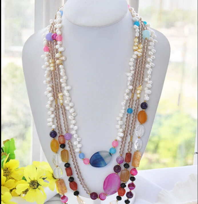 

~~ BJC 00066 yellow faceted crystal white rice pearl multicolor jade stone necklace Discount AAA