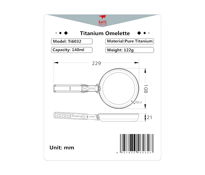 Keith Titanium Frying Pan 122g Ultralight Folding Pans 140ml Fried Steak Cooking Eggs Portable Outdoor Camp Picnic Cooker Ti6032
