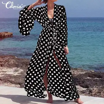 

Women Polka Dot Print Cardigan Kimono Long Tops Celmia 2020 Summer Bohemian Beach Cover Up Shirt Belted Plus Size Female Blouses