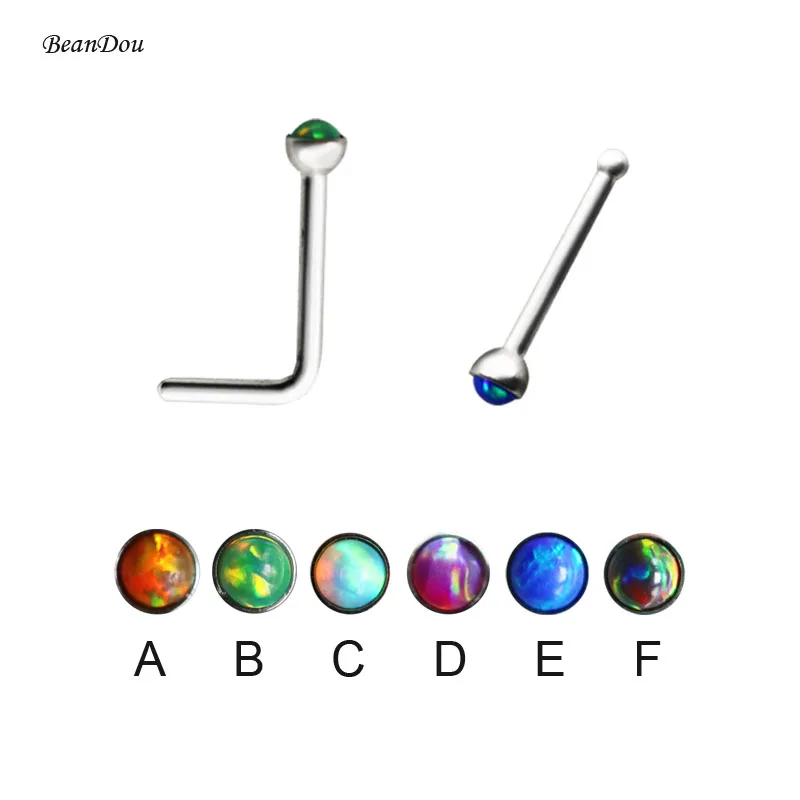 1Piece Fashion Opal Stone Nose Studs Piercing Rings 0.8mm 20G Straight L Shape Pircing For Nose Anti-allergic Body Jewelry New0