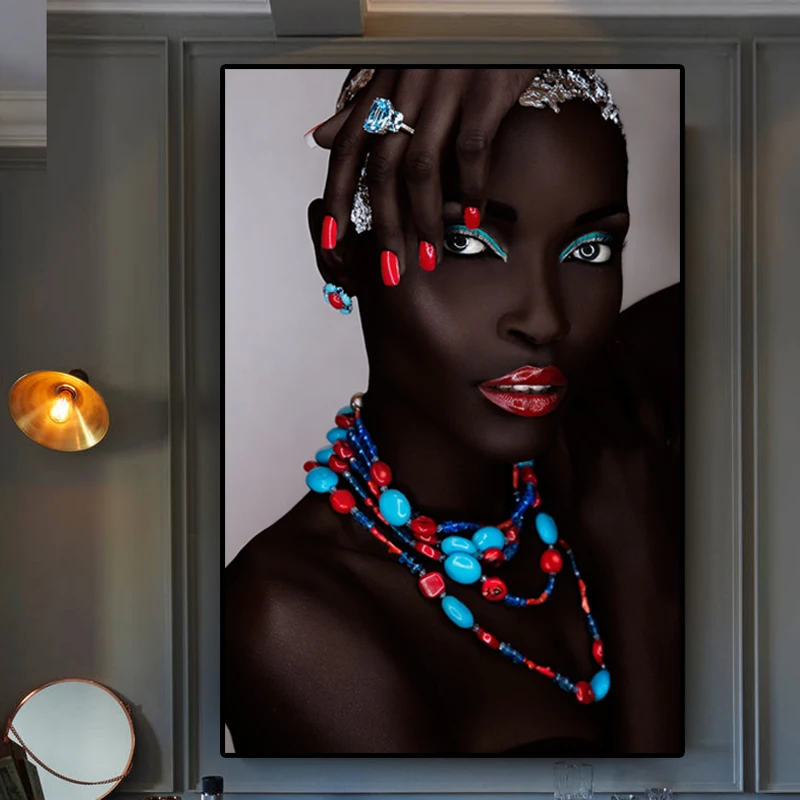 

Printed Modern Canvas Nordic Style African Girl Jewelry Show Picture Painting Wall Art Home Decor Modular Poster For Living Room
