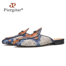 Piergitar/ мужские шлёпанцы ручной работы из телячьей кожи со змеиным узором; Дизайнерские мужские шлёпанцы с металлическими кисточками; кожаная стелька размера плюс