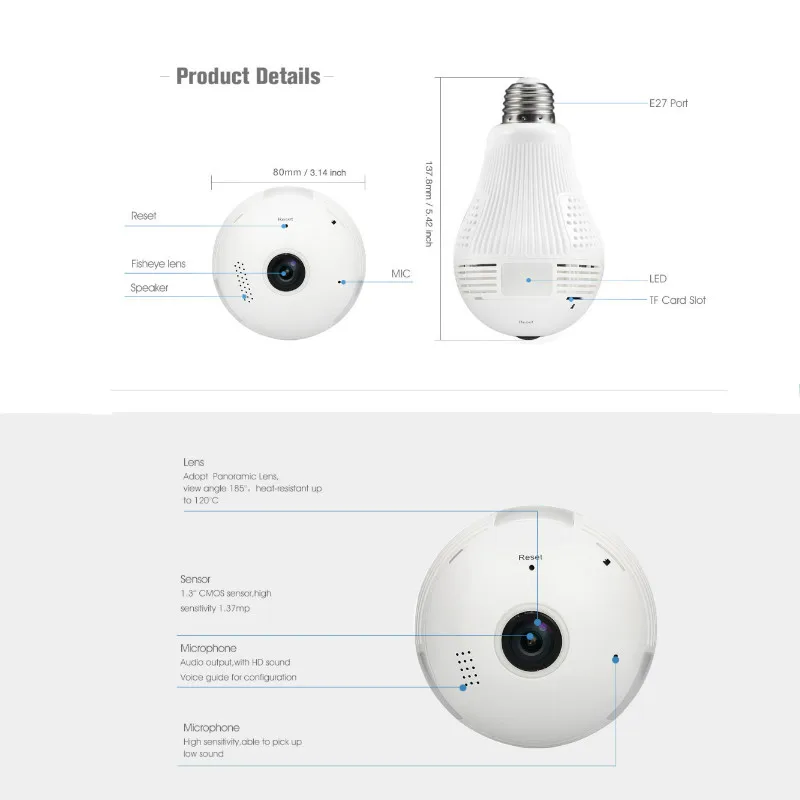  360 Degree LED Light 960P Wireless Panoramic Home Security Security WiFi CCTV Fisheye Bulb Lamp IP  - 33042013747