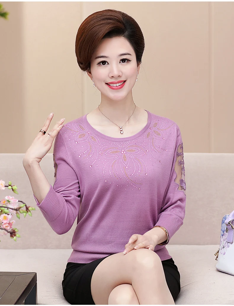 Весна осень среднего возраста мать пуловер свитер тонкий срез мода кружева алмаз высококлассный свитер женщин X442 - Цвет: pink purple