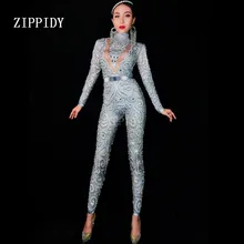 Fashion Gray Silver Rhinestones Jumpsuit long Sleeves Stretch Sexy Bodysuit Stage Performance Party Celebrate Nightlcub outfit 
