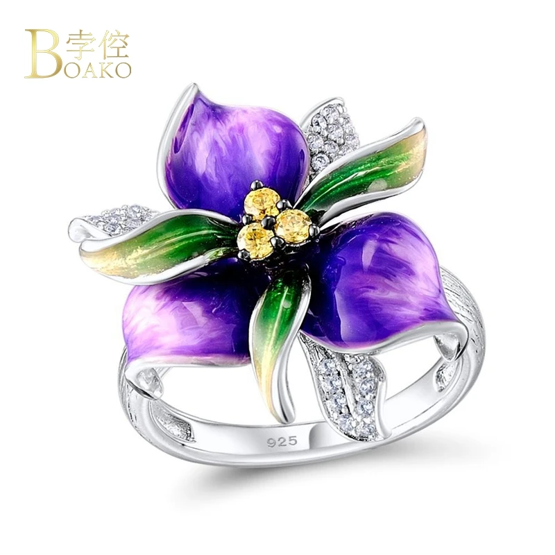 

BOAKO Cute Purple Flower Ring for Women Fashion Party Jewelry 925 Sterling Silver Ring Cubic Zircon Crystal Ring Bague