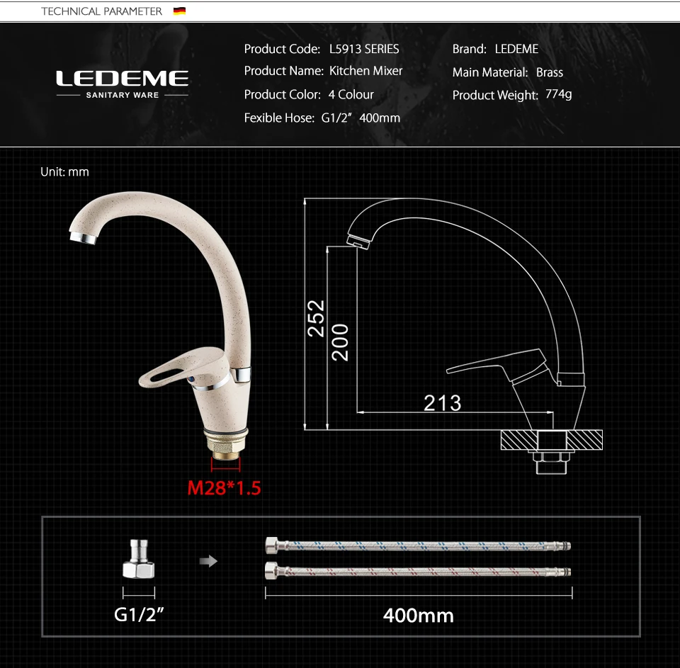 LEDEME Color Kitchen Faucet Mixer Water Tap Single Holder Single Hole Kitchen Faucets Spray Paint Rotation Rubinetto Cucina