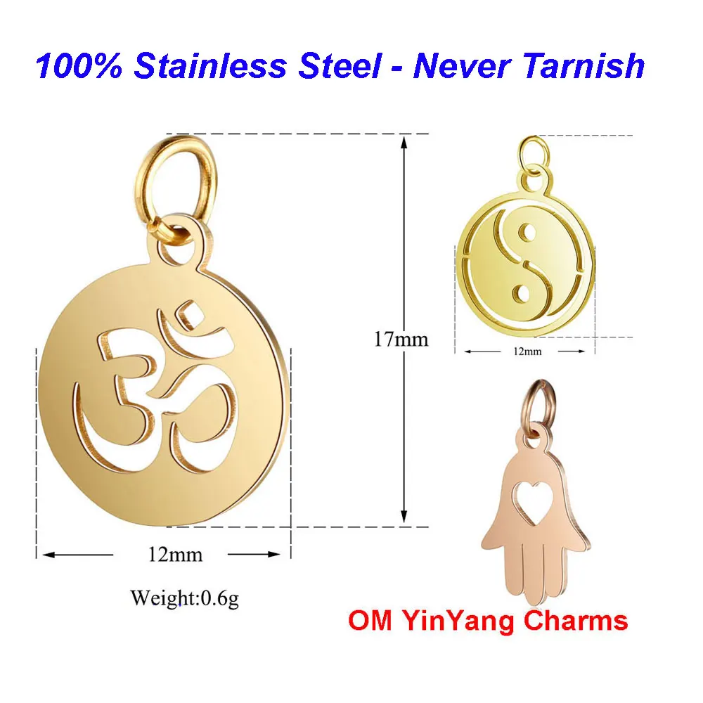 

5pcs/lot 316L Stainless Steel OM Charms 100% Steel Handmade Yin Yang diy Jewelry Finding supplies Hamsa hand Charm Pendant
