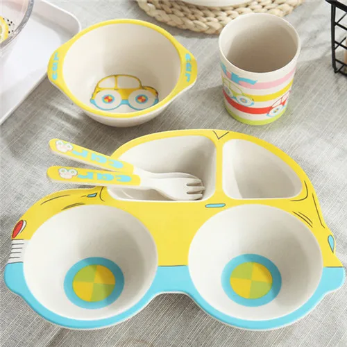 

5pcs/sets Baby Dish Tableware Set Feeding Dishes for Kids Utensils Natural Bamboo Fiber Bowl With Cup Spoon Plate Fork