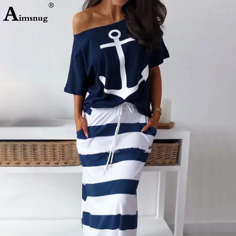 

Aimsnug Two Piece Sets Women Elegant Print T-Shirt & Striped Skirt Sets Casual Maxi Striped Skirts Ankle-Length Two Piece Outfit