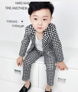 

summer Fashion Plaid Balzer suit for kids wedding flower boys dress MODIS kids blazer pant 2 parts kids jacket suit for baby boy