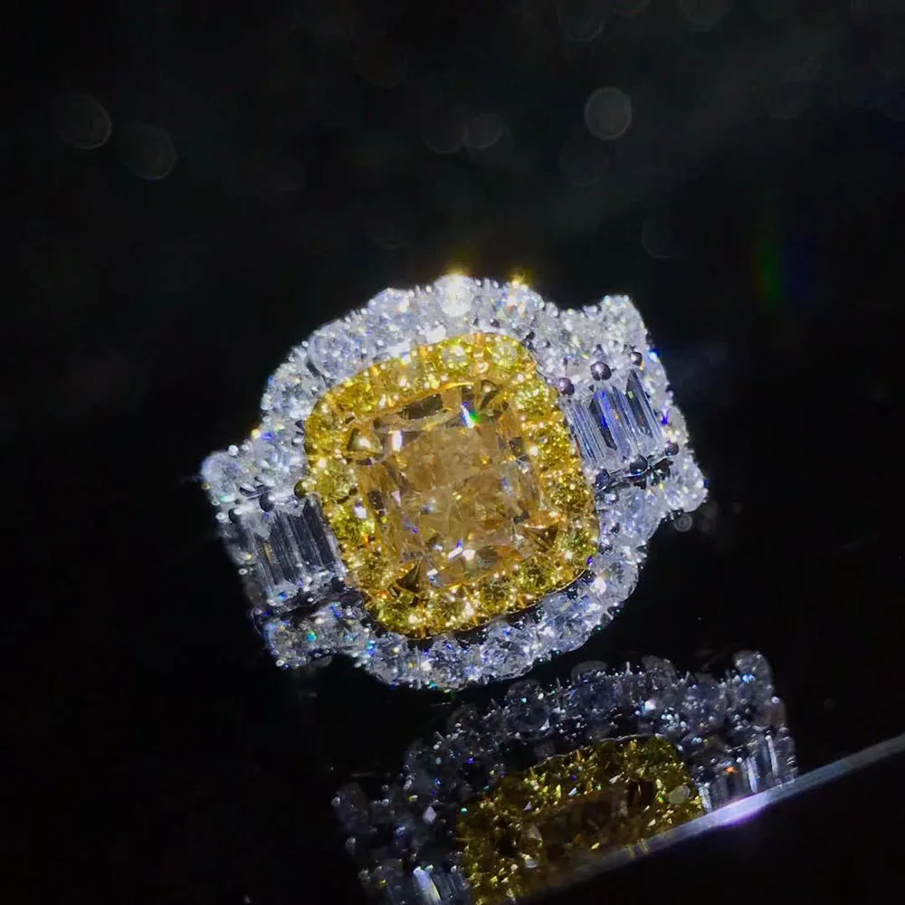 wedding engagement ring classic luxury square 18k gold diamond jewelry certificated natural Yellow diamond ring women