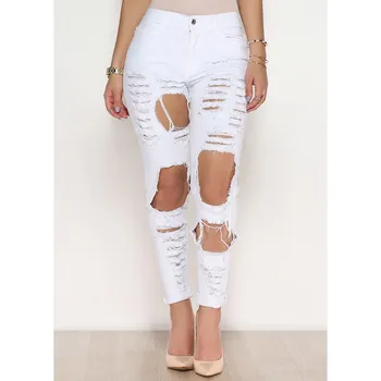 

Summer white hole ripped jeans Women cool denim high waist Autumn pants capris Female skinny black casual jeans z30
