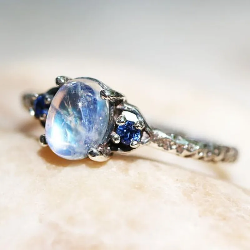 Обручальное кольцо с лунным камнем, кольцо с голубым кристаллом, винтажное серебряное античное кольцо для женщин, ювелирные изделия для женщин, Anillos Mujer