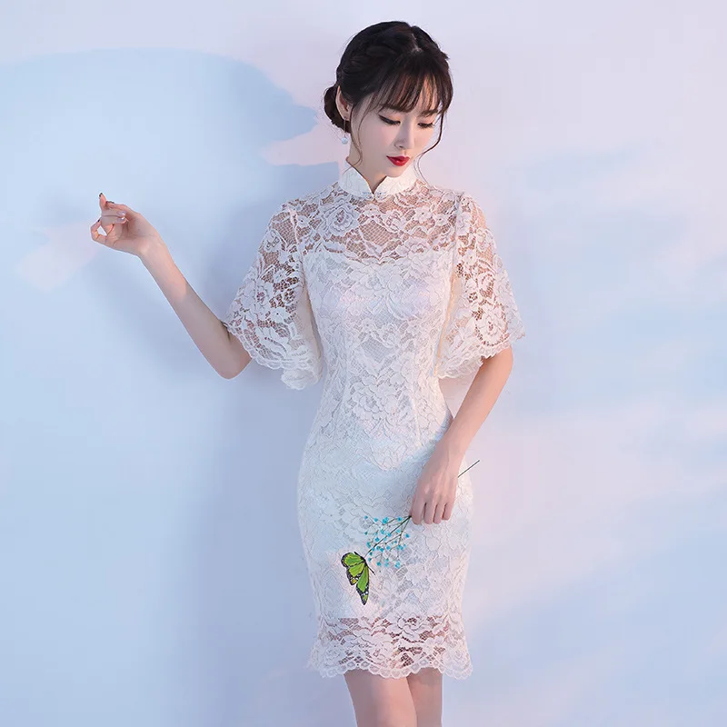 Традиционные китайское платье Qipao женские вечерние платья Винтаж Cheongsam для женщин невесты короткие черные кружево современный платье - Цвет: WHITE