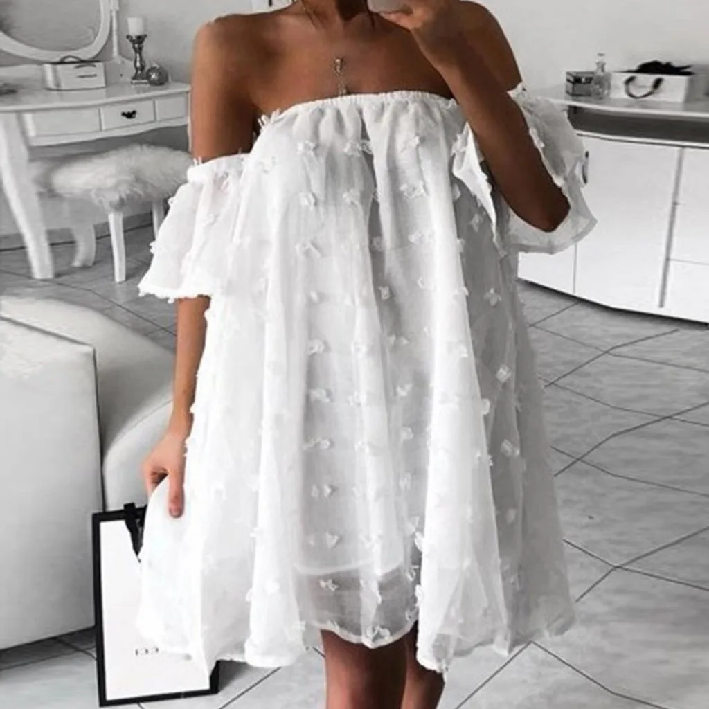 

19 Fashion Women's Casual Wave Point Jacquard Flat Shoulder Tube Top Sexy Loose Dress ladies Patchwork Lace Cute Style dress 506