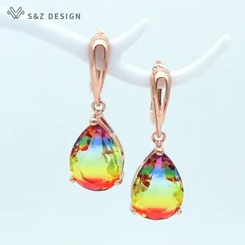 

S&Z Water Drop Colorful Gradient Zircon Dangle Earrings 585 Rose Gold EU and US Trendy Eardrop For Women Wedding Jewelry