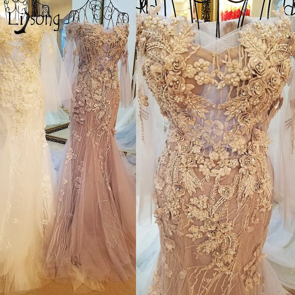 

Abiye Dusty Pink 3D Flower Long Mermaid Evening 2018 Boat Neck Full Sleeves Evening Gowns Lace Embroidery Robe De Soiree Longue