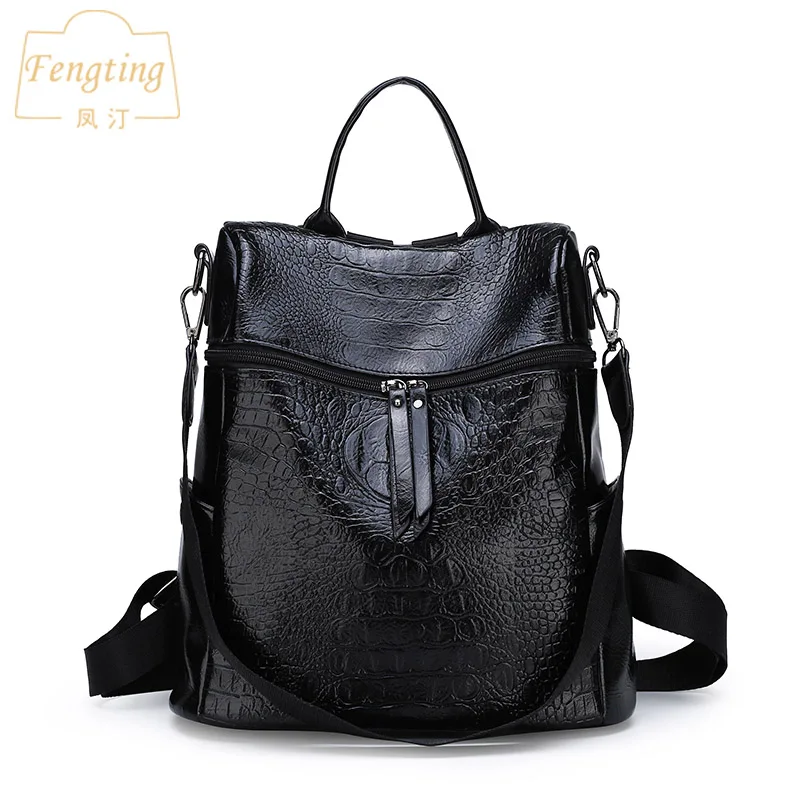 

vintage women's backpack 2019 new leather Crocodile trave backpack girls school bag fashion shoulder bag FENGTING FTB083
