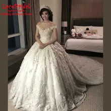 Luxury Super Royal Monarch Ball Gown O Neck Flowers Beaded Lace Wedding Dresses 2016 Cathedral Train Deposit Bridal Gowns LW11