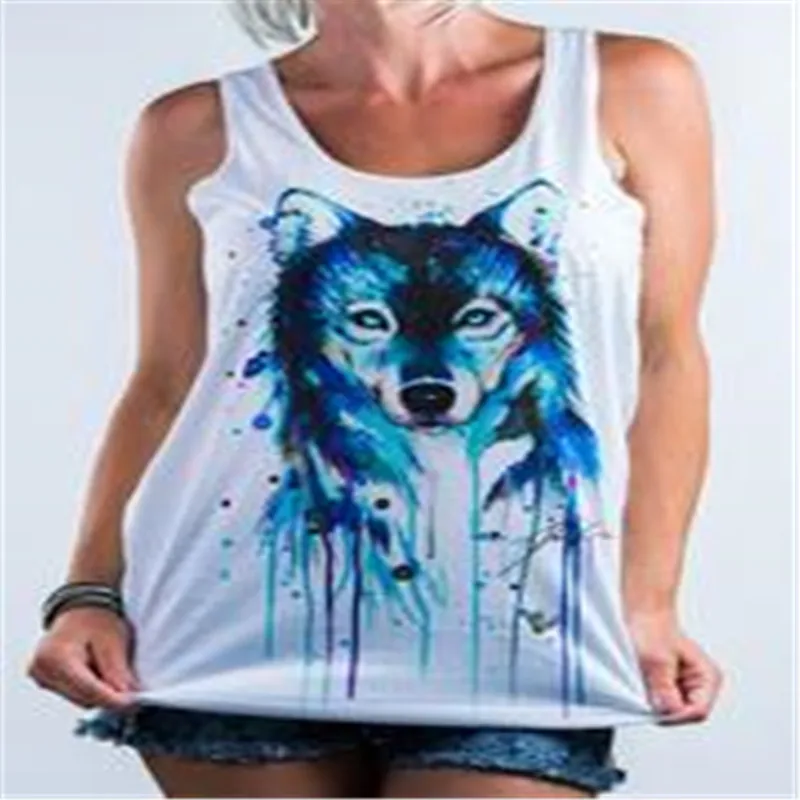 

SexeMara 3D Blue Wolf Print Women Sexy Tank Top Sleeveless Camisole Sports Vest Summer Casual Running Clothes Streetwear