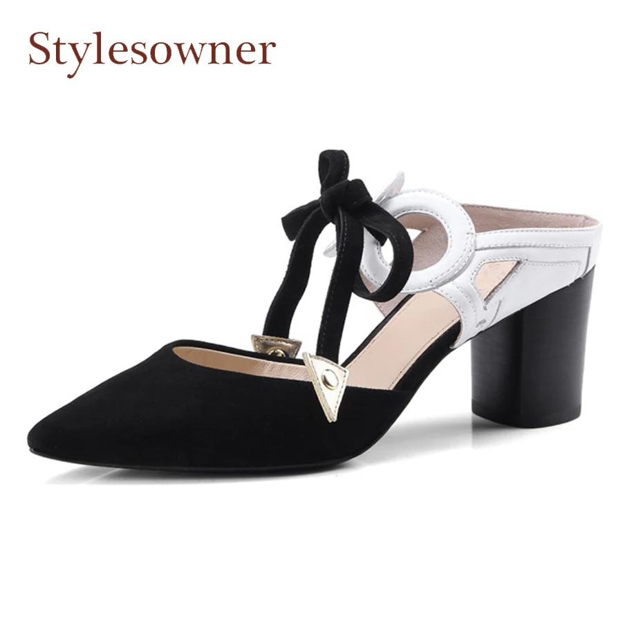 Stylesowner bowtie chunky heel mules shoes women half slippers pointed