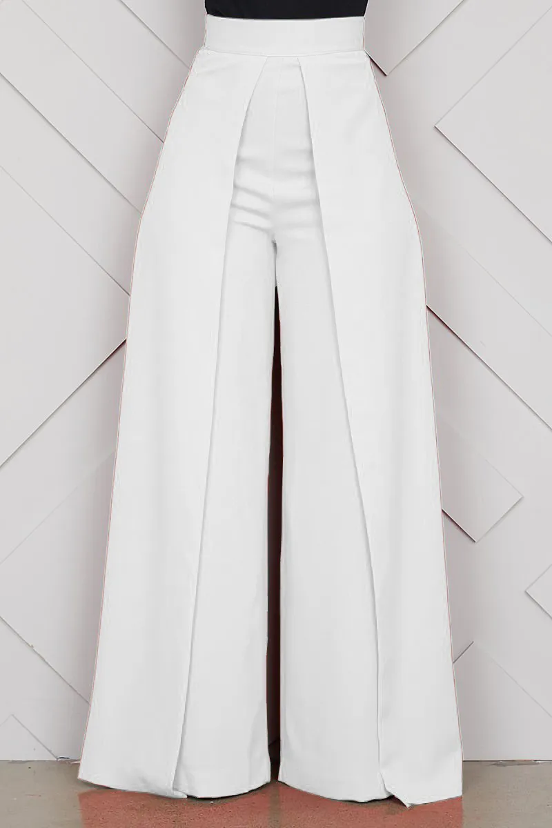 Шикарные женские брюки палаццо с высокой талией на молнии, повседневные свободные широкие брюки для девушек, элегантная длинная юбка-брюки Pantalon Femme - Цвет: Белый