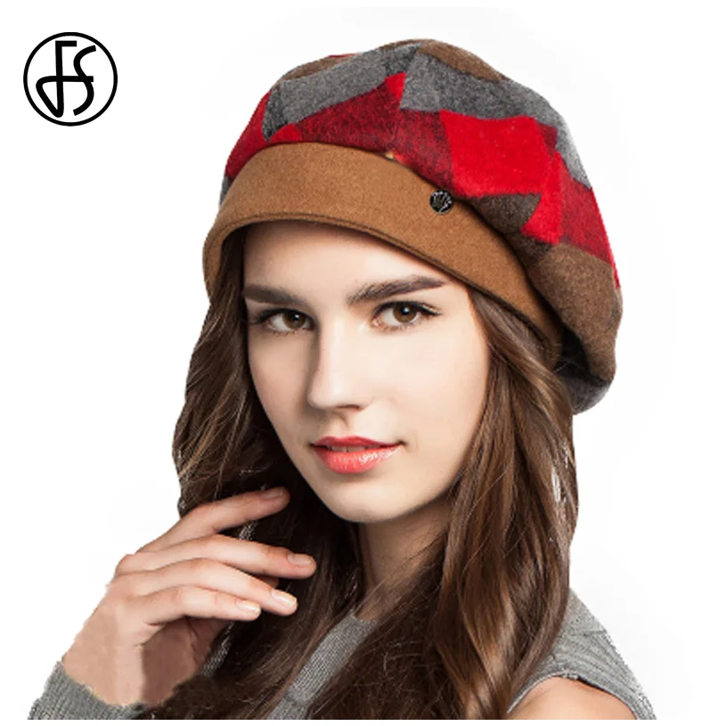 fs winter wool felt plaid beret hat orange green fs winter wool felt plaid beret hat orange green