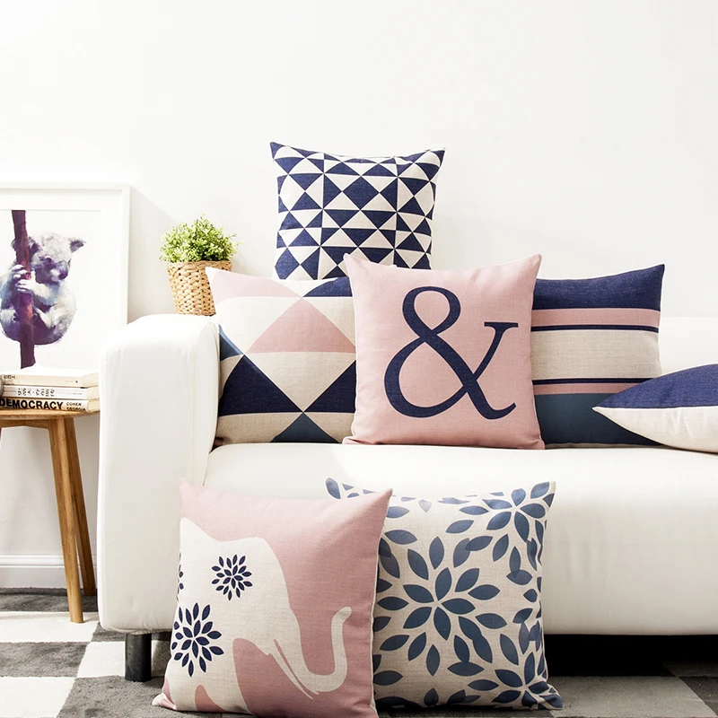 Pink Geometric Pillow Cover Elephant Linen Cotton Cushion Cover Home Decor Throw Pillows ...