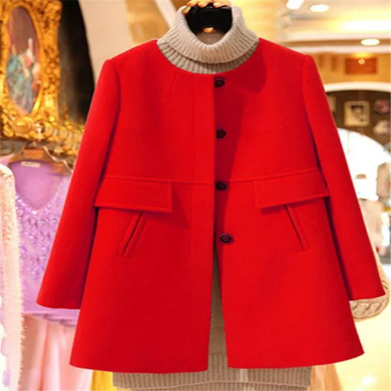 Женская одежда осень-зима Корейская версия шерстяное пальто куртка 5XL средней длины круглый воротник однорядные пуговицы шерстяные