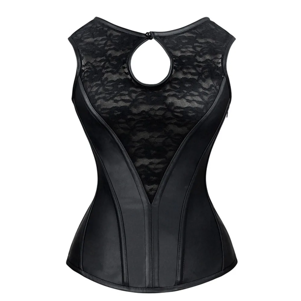 Charmian-Women-s-Training-Black-Lace-PU-Steel-Bone-Bodyshaper-Waist-trainer-Zipper-Closure-Vest-Corset