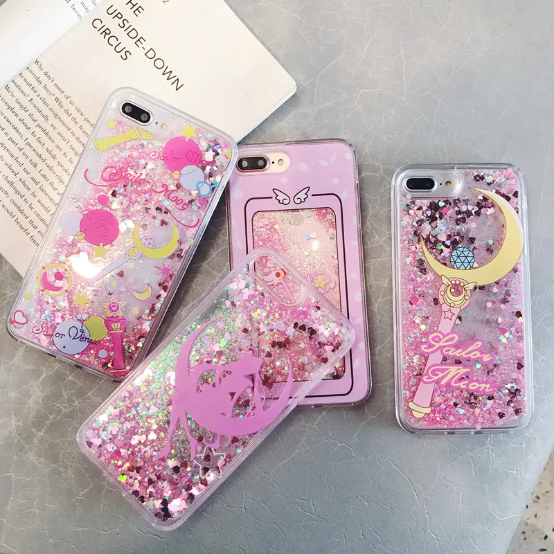 

Hot Pink Gold Glitter Dynamic Liquid Flowing Sailor Moon Case for iphone X XR XSMAX 7 8 6 S plus Mermaid Soft Edge Fashion cover