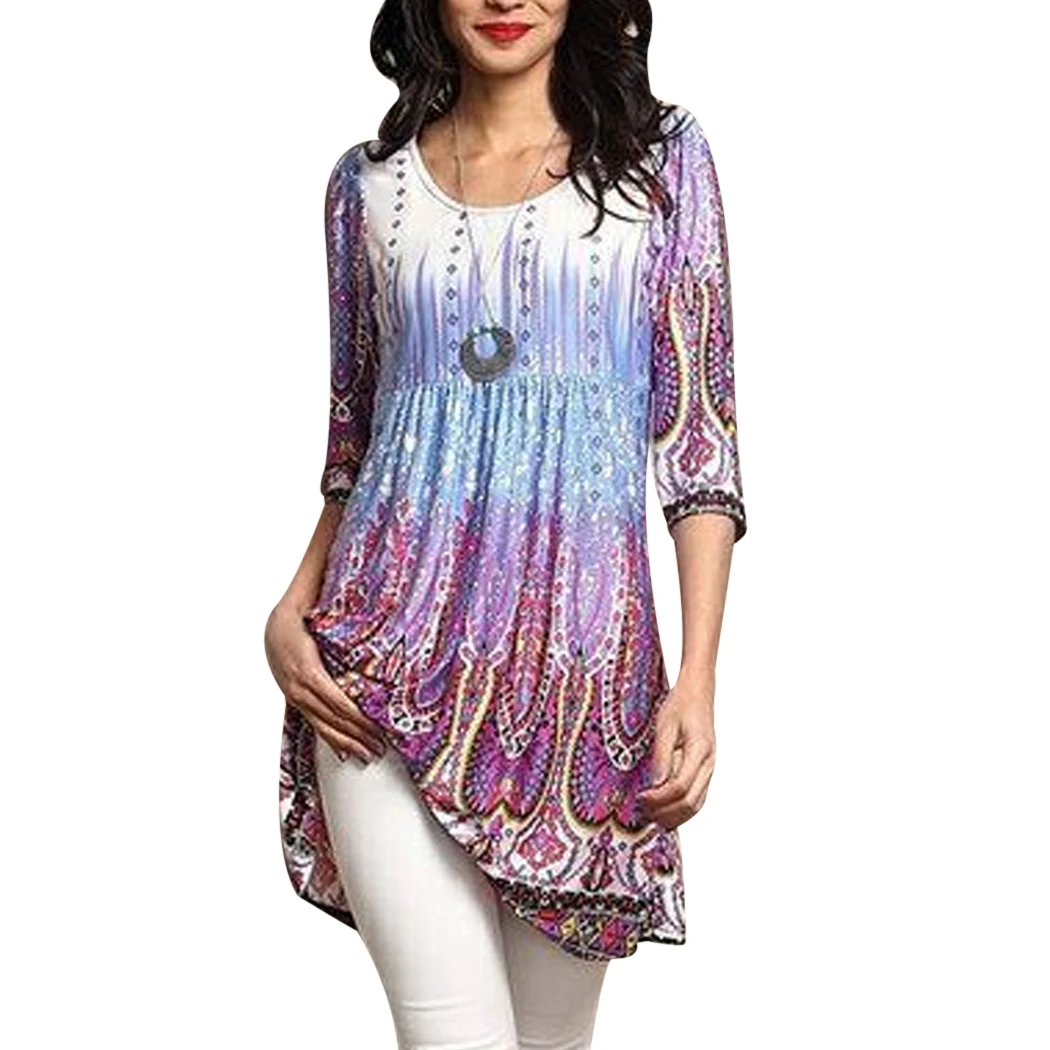 En Ligne 2018 Femmes Surdimensionné Long Blouses Imprimé Demi Manches Tunique Tops D été Boho Lâche Dames Chemises Plus La Taille 4XL Blusas Mujer