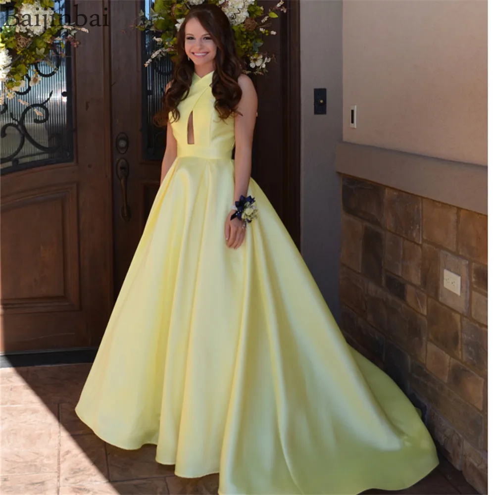 

Baijinbai Criss Cross Keyhole Neck Prom Gowns A Line Pleated Evening Dresses Open Back Robe De Soiree with Pockets Dress Formal