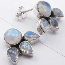 Chanti международных одноцветное серебряные круглые прямая Радужный Лунный Камень 2 камень шпильки Серьги 1.5 см