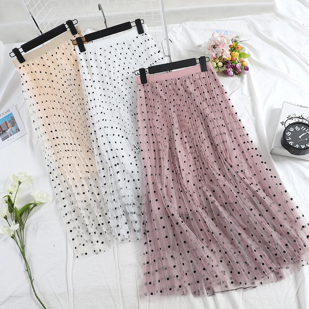 

HISUMA 2019 summer new female Sweet dot High Waist Slim Mesh princess Skirt women's elegant gauze Pleated Skirt