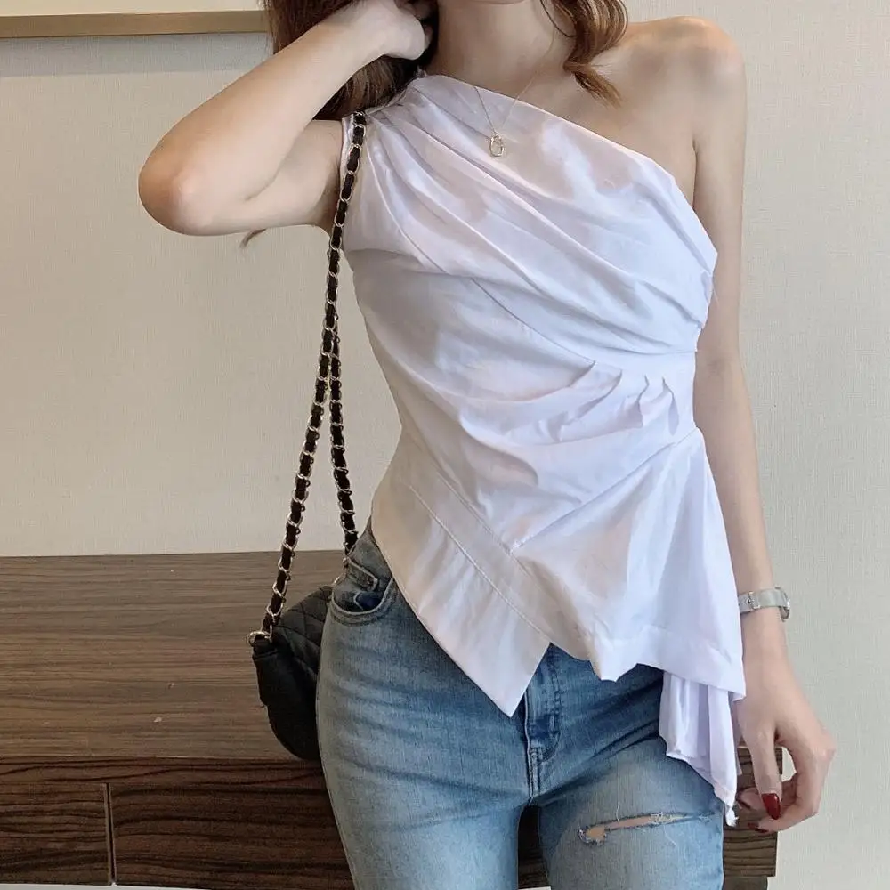 Skup RealShe 2019 koszulka żeńska kobiety ukośny kołnierz jedno ramię bez rękawów jednolite topy i bluzka kobieta lato koszula na co dzień odzież