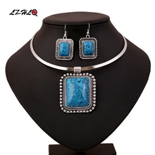 LZHLQ винтажное посеребренное синтетическое ожерелье с синим камнем геометрическое прямоугольное ожерелье s кулоны женское Бохо модное ожерелье-чокер