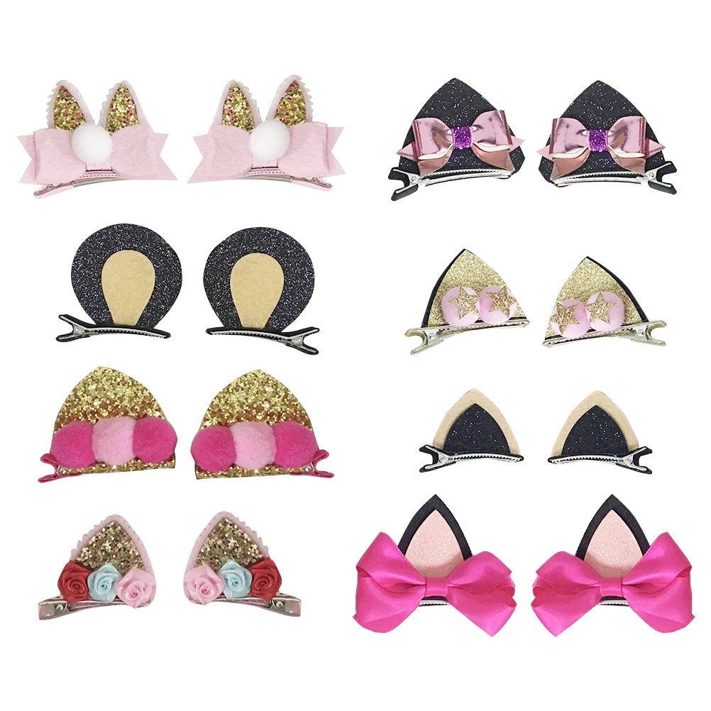 8 Pairs Cute Baby Girls Cat Ear Hair Bows Clips Barrettes for kids