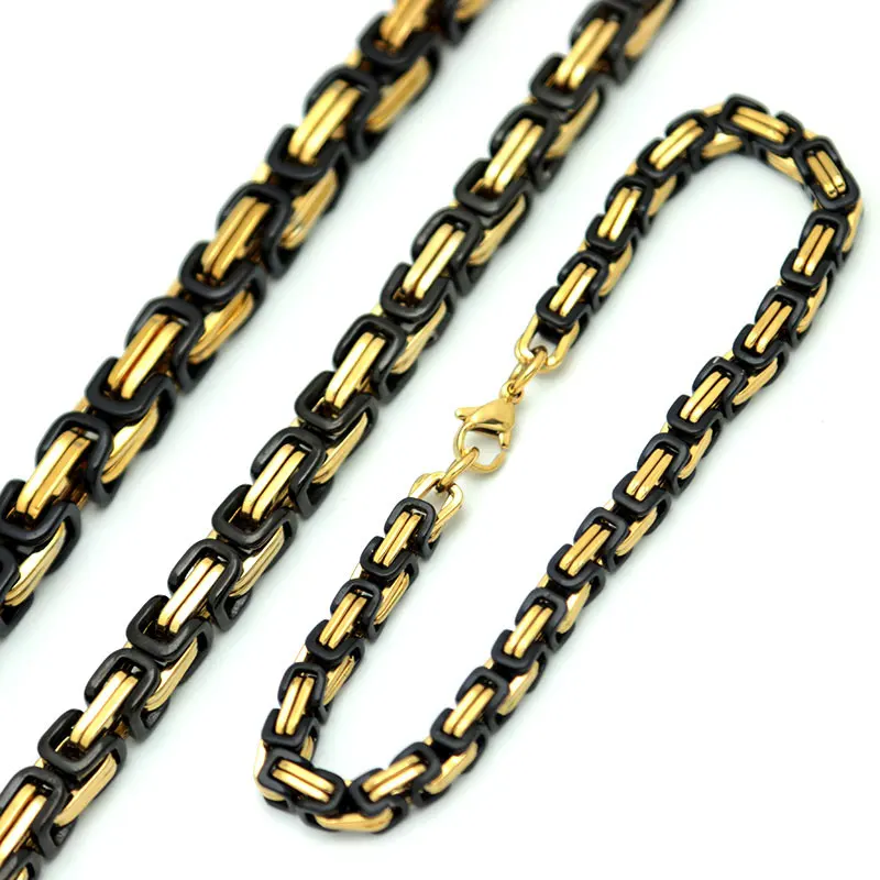 

New Arrive 5mm 7mm 8mm Men Chain Black and Silver Tone 316 Stainless Steel 22cm Byzantine Box Link Necklace Bracelet