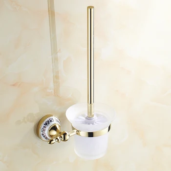 

Antique European Toilet Brush Holder Stainless Steel Polished Gold Blue and White Porcelain Base Toilet Cleaning Brush