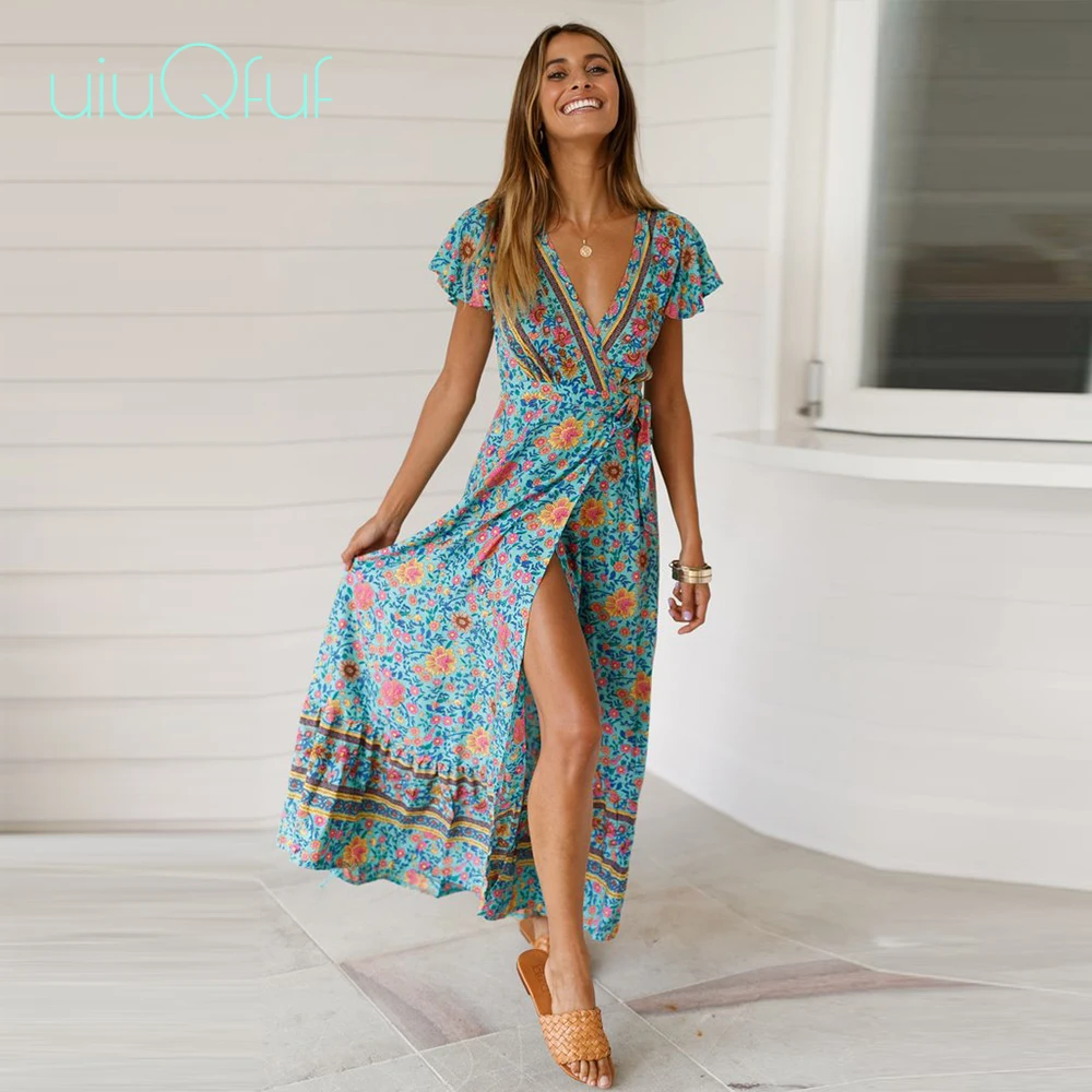 

Sunflower Print Bohemian Vestidos Short Sleeve Female Maxi Dress 2019 Summer V Neck Boho Beach Sundress Vintage Women's Dress