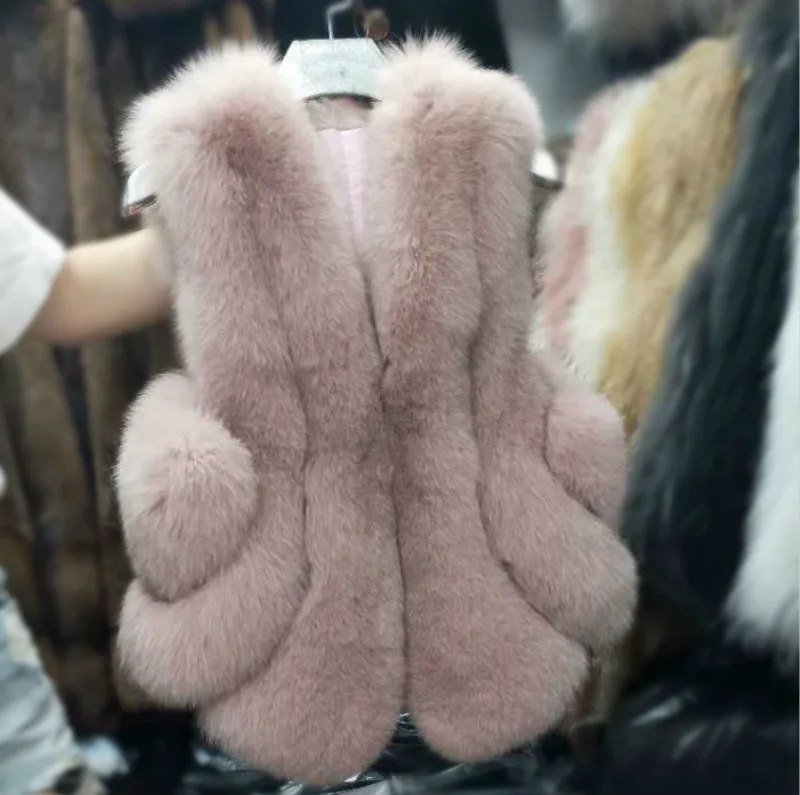 DUOUPA  Natural Real Fox Fur Vest is 50-65 cm Stylish Winter Short Thick Women Fur Vest Jacket Pockets Real Fur Vest Coats Slim