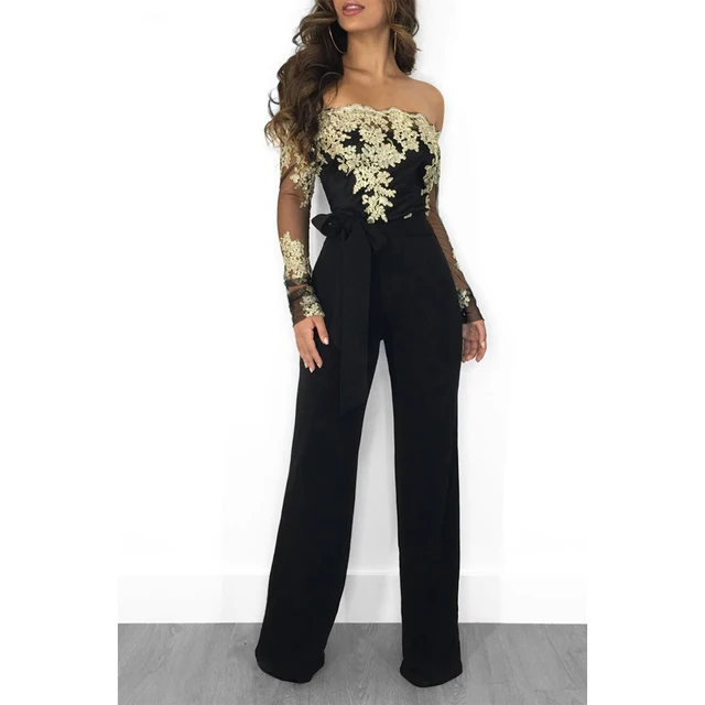 US $16.26 Appliques Lace Patchwork Jumpsuit Women Sexy Off Shoulder Slash Neck Long Sleeve Women Jumpsuit Ele