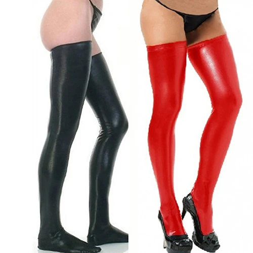 Женские Glam Rock Gothic бедро высокие сексуальные Cludwear черный латекс чулки стринги
