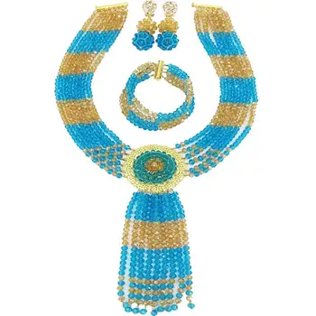 

Cheap Lake Blue Champagne Gold AB Nigerian Ethnic Crystal Beads Necklace Earrings Sets 6C-ZPHLS-15