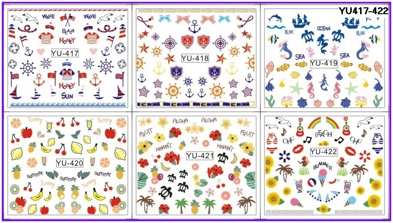 

6 PACK/ LOT WATER DECAL NAIL ART NAIL TRANSFER STICKER MARINE SEA TURTLE MERMAID ANCHOR BEACH FRUIT YU417-422