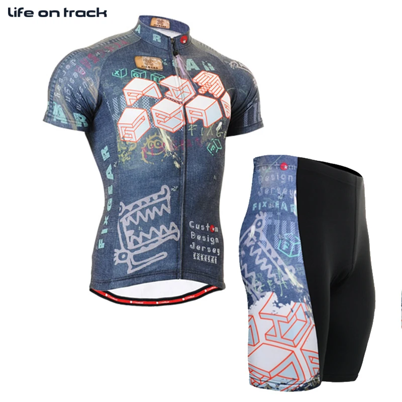 

Life on Track Full Printing Men's Cycling Sets Running Skins Compression Tights For Men Fitness With Short Sleeve Tops Quick Dry